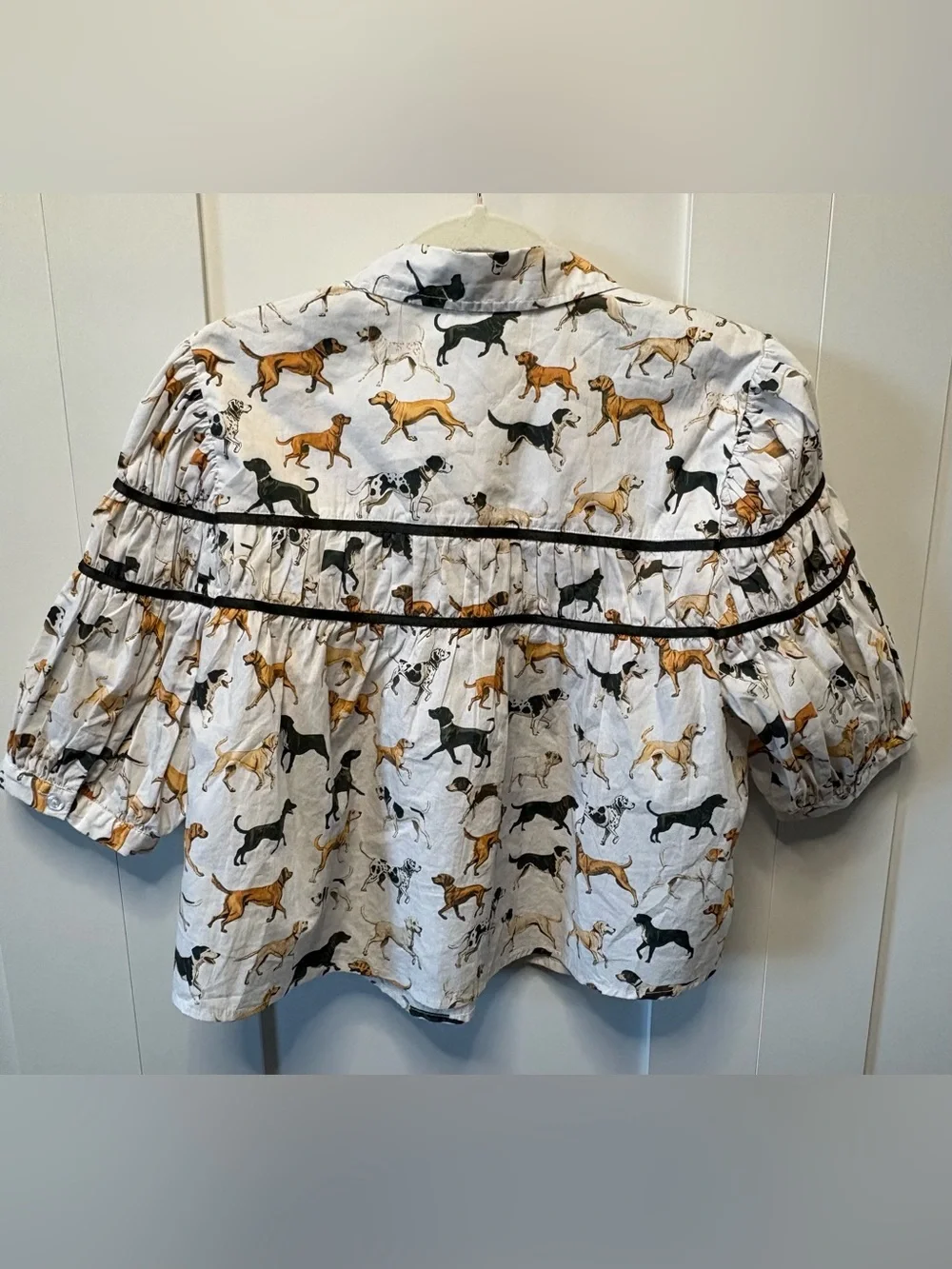 Anthropologie Maeve The Leandra Shirred Yoke Cotton Dog Print Puff Sleeve Blouse - Picture 3 of 8